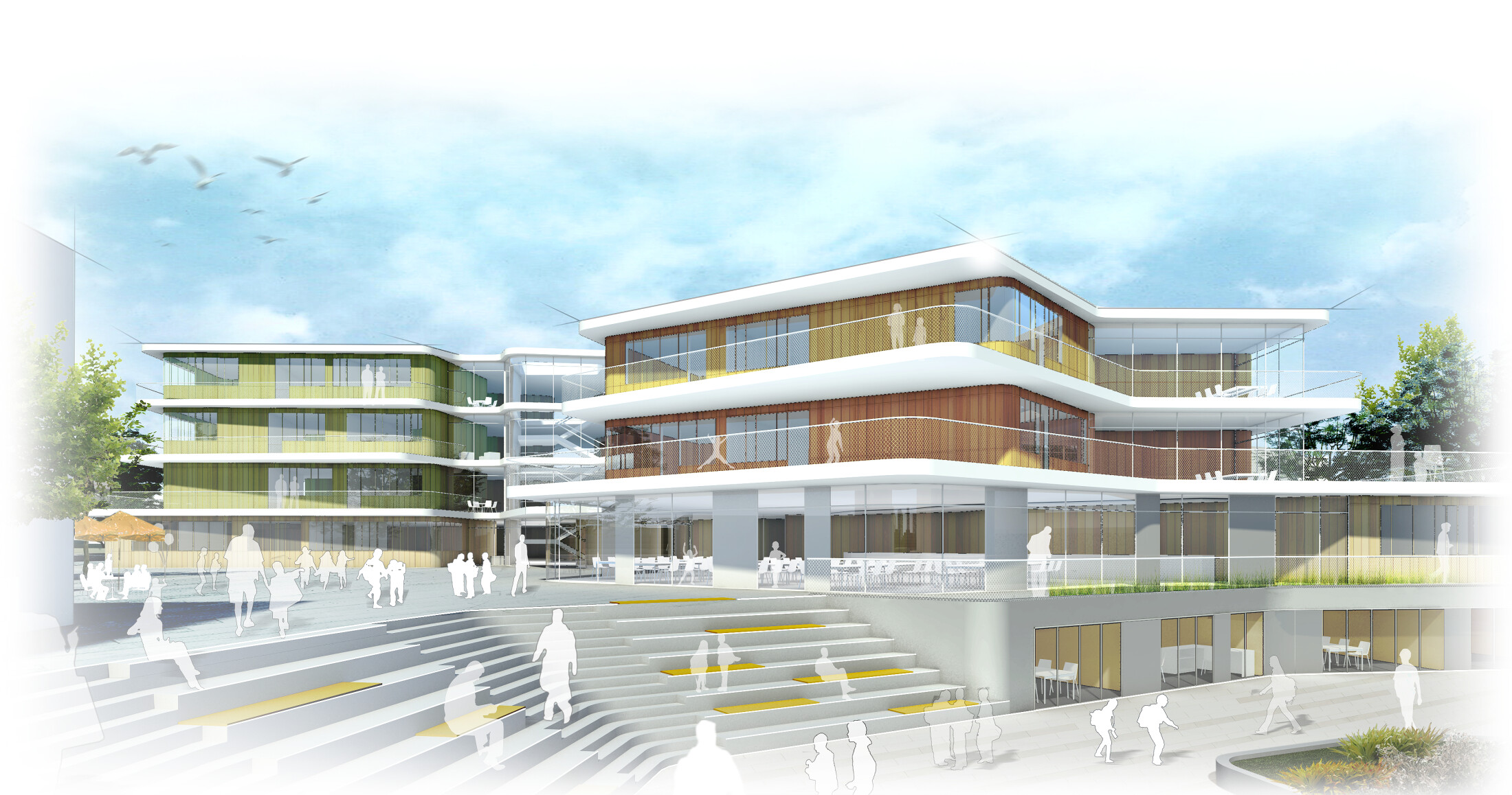 Project by BehnischProject by Behnisch Architekturbuero, Gotthard-Müller-School Bernhausen. Architectural rendering of the multi-level building with terraces and large windows, set around stepped seating with people in an open plaza.