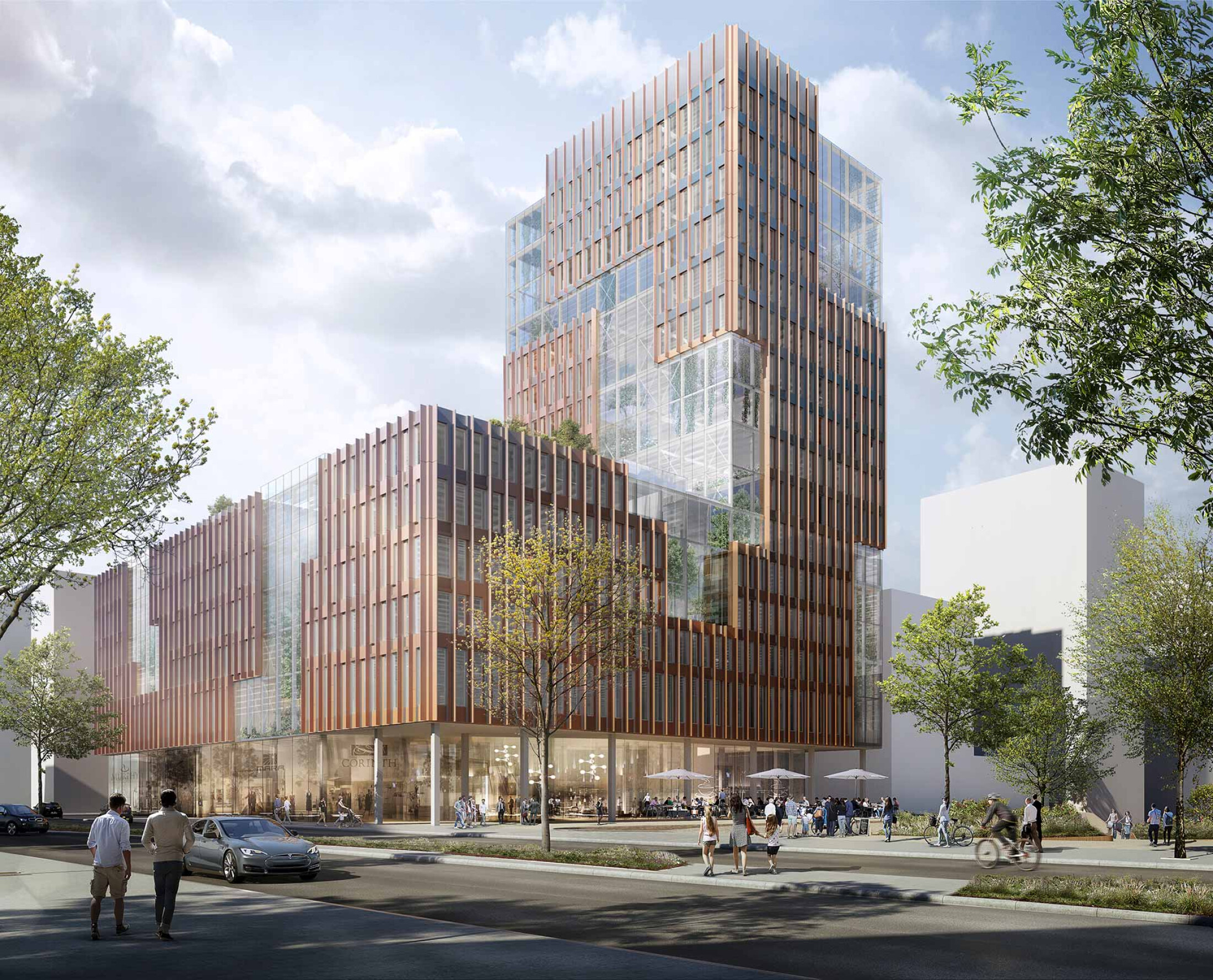 Project by Behnisch Architekturbuero, ElbSide New Corporate Headquarters. Modern multi-story building with glass atrium and vertical fins, street-level shops, and people walking, cycling, and sitting outside.