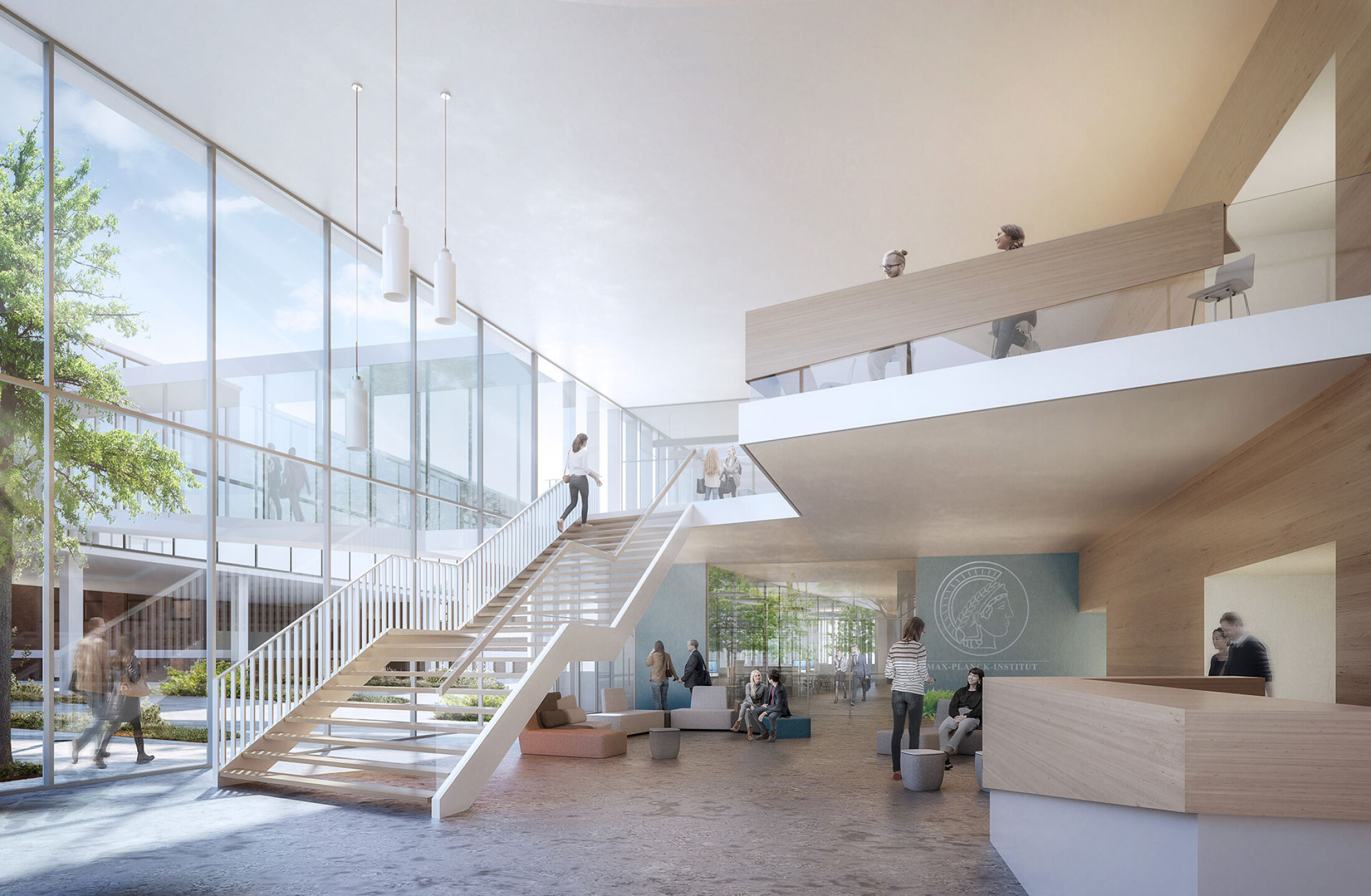 Project by Behnisch Architekturbuero, Max Planck Institute for Medical Research. Modern atrium foyer with staircase, glass facade, reception and people moving and sitting in the entrance area of the building.