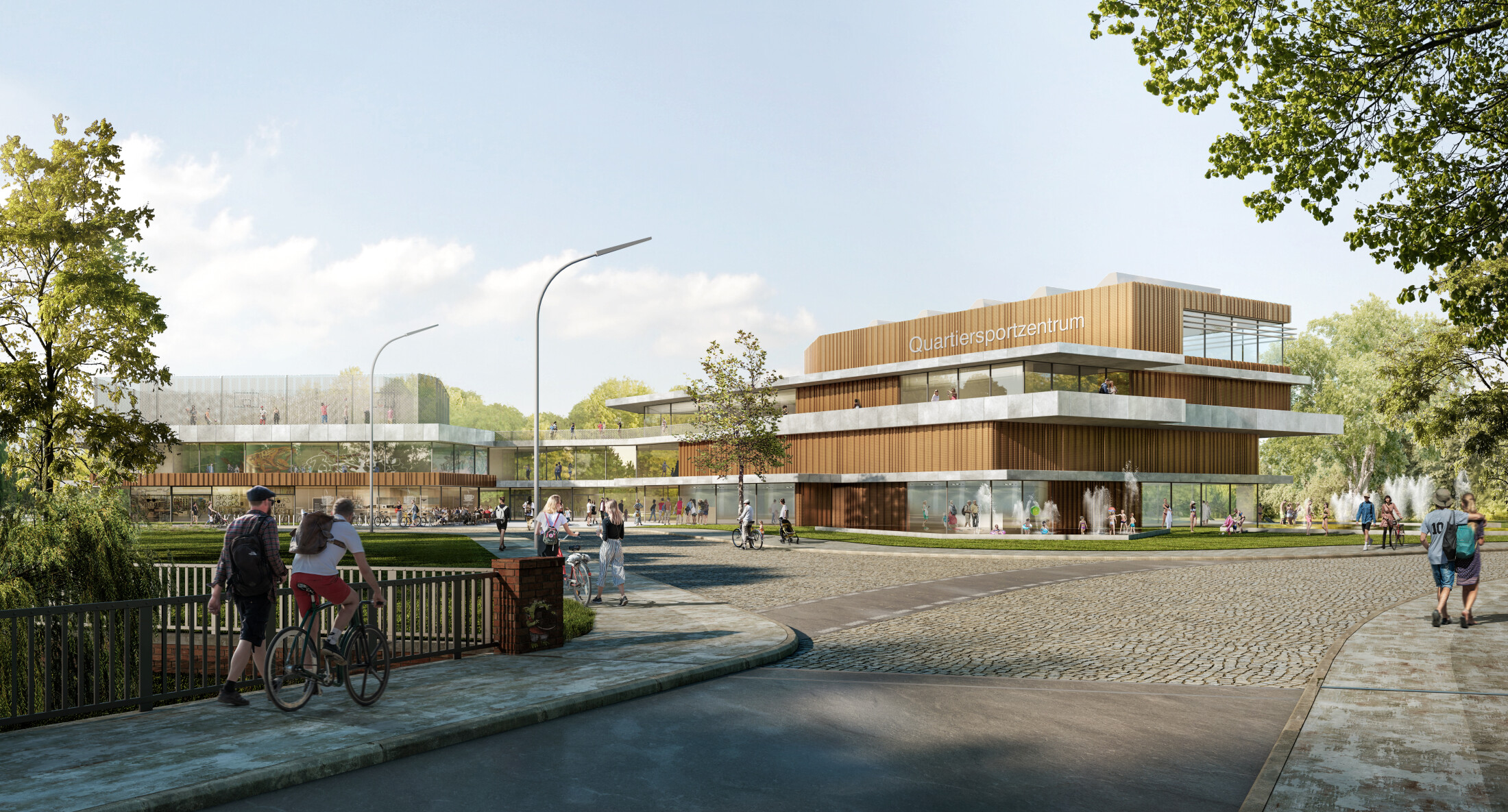 Project by Behnisch Architekturbuero, Neighborhood Sports Center am Aschberg. Modern sports center building with terraces, people walking and cycling, and an open plaza with fountains and trees.