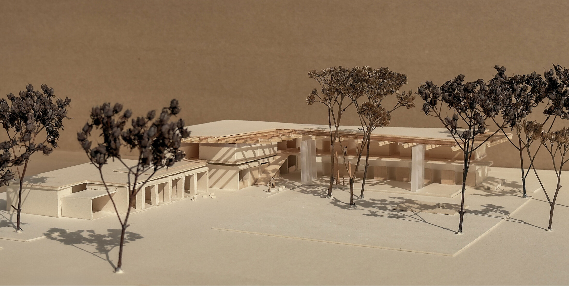 Project by Behnisch Architekturbuero, Campushouse Halle-Neustadt. Architectural model of the building complex with courtyard and trees on a neutral background.